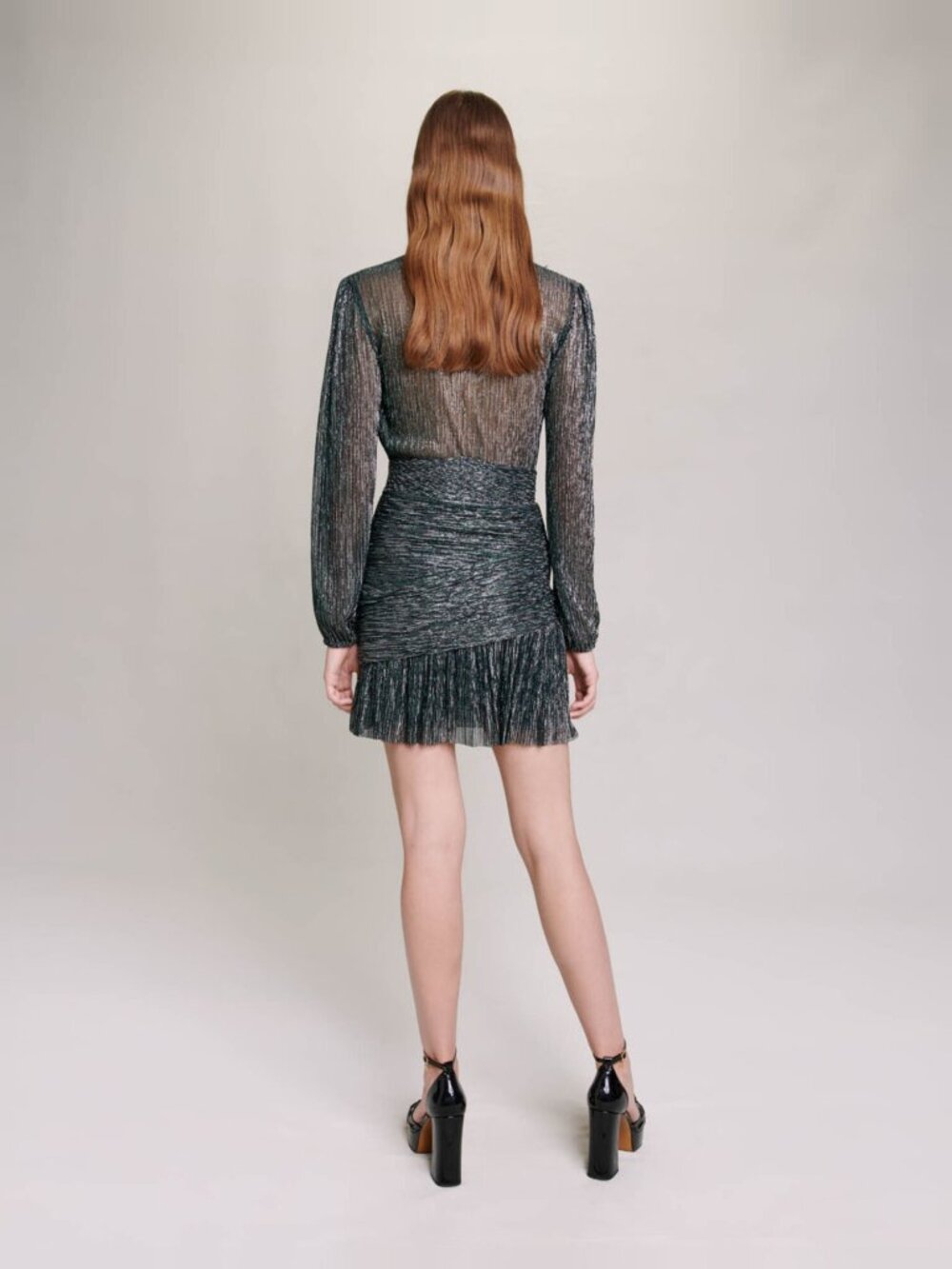 Maje Draped Lurex Mini Dress Green Metallic FR 36 US 4 - Picture 4 of 6